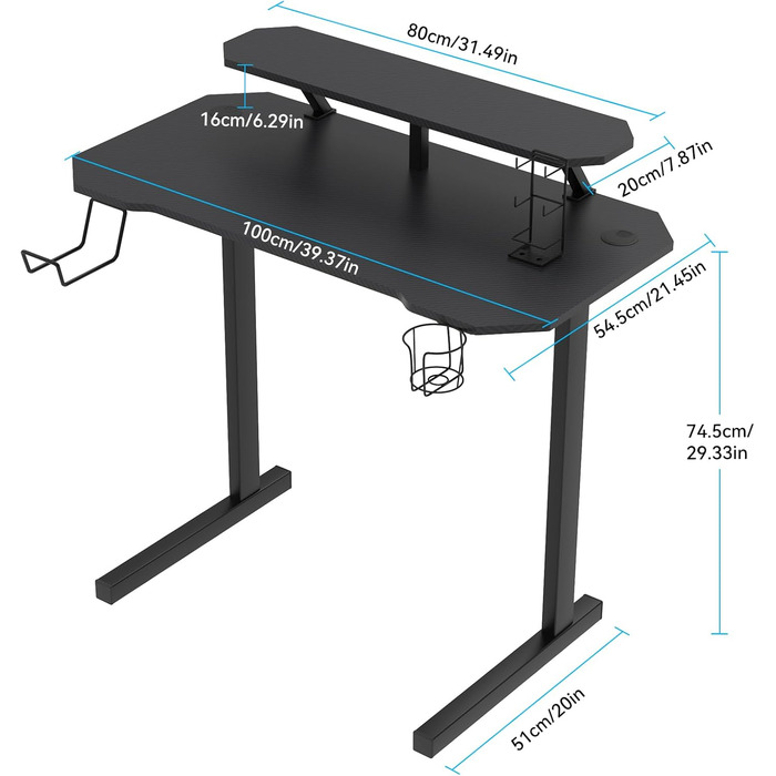 Ігровий стіл з підставкою для монітора, Т-подібний стіл, чорний, ергономічний комп&39ютерний стіл, покриття з вуглецевого волокна, ігровий ПК, тримач для напоїв, підставка для геймпада, тримач для навушників, 100x54x74 см