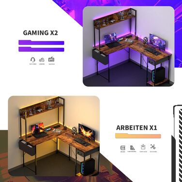 Г-подібний стіл Yansee, ігровий стіл зі світлодіодним підсвічуванням, 140110 см, двосторонній Г-подібний стіл з подовжувачем, кутовий стіл з полицею, коричневий