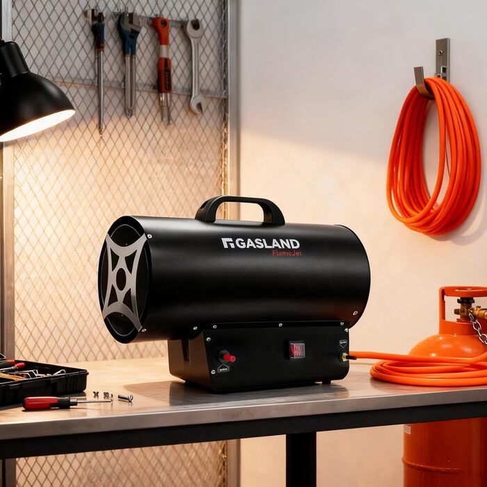 Газовий обігрівач GASLAND FlameJet FH30FBDE потужністю 30 кВт з редукційним клапаном 700 мбар, конвекційним нагрівом, турбовентилятором, захистом від перегріву