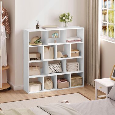 Книжкова полиця eSituro, окремостояча полиця з 14 відділеннями, кубічна полиця, полиця для зберігання, офісна полиця, відкрита полиця для вітальні, кабінету, офісу, компактна, 120x120x30 см, білий