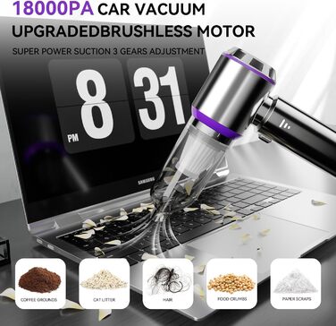 Ручний пилосос Tidy Cats, акумуляторний акумуляторний ручний пилосос на 18000 Па, 3-швидкісний автомобільний пилосос з миючим філь