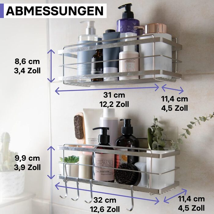 Душова полиця з нержавіючої сталі без свердління - Комплект 2 - Полиця з нержавіючої сталі самоклеюча для ванної кімнати з гачком