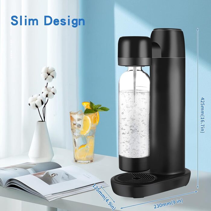 Акумуляторна содова машина Skyehomo з портативною ПЕТ-пляшкою без BPA об'ємом 1 л, автоматичним скиданням тиску, виробником газованої води матового чорного кольору, карбонатором, сумісним зі стандартним циліндром (не входить у комплект)