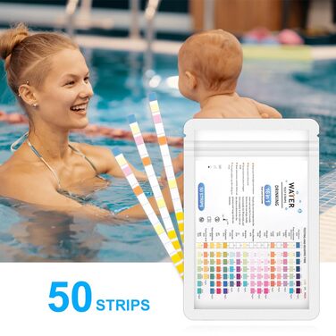 Тестер води Flintronic, 50 шт., 16 тест-смужок для гідромасажу басейну, для загальної жорсткості, загального хлору, брому, вільного хлору, pH, ціанурової кислоти (стабілізатор) та загальної лужності.