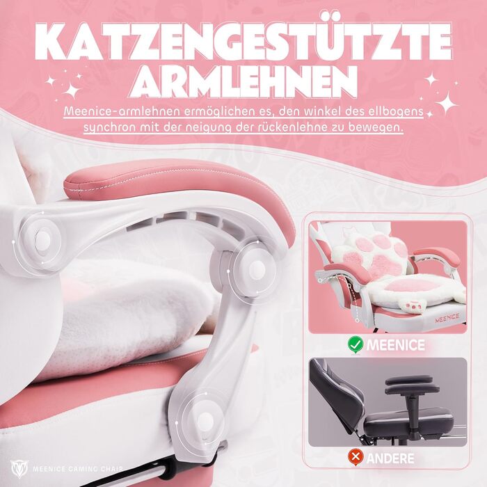 Рожеве миле ігрове крісло з котячою тканиною з поперековою подушкою у формі котячої лапи та котячими вушками, ігрове крісло з підставкою для ніг, ергономічне ПК-крісло для дітей, дорослих та дівчаток, вантажопідйомність 140 кг, рожеве, біле