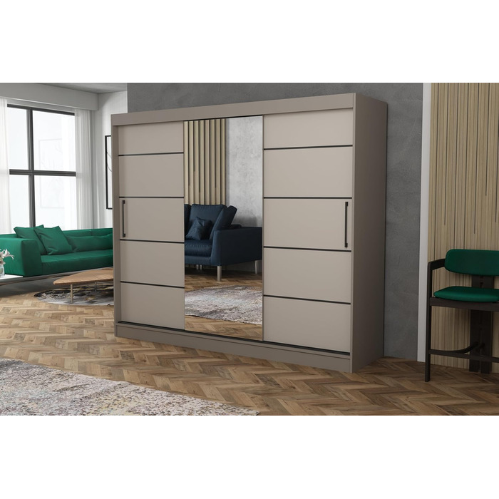 Шафа з дзеркалом та шухлядами, ширина 235 см, Chelsea Tomy, шафа з розсувними дверима та дзеркалом, шафа для спальні, шафа камінь/бежевий.