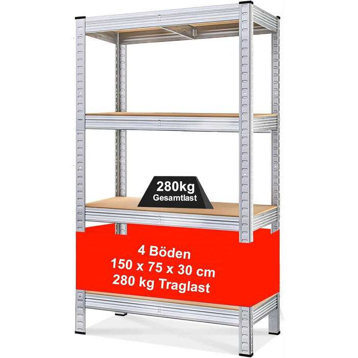 Полиця, міцна металева полиця для підвалу, надміцна полиця, полиця для зберігання, що вставляється в розетку, легко збирається, оцинкована, 4 полиці розміром 150 x 75 x 30 см, вантажопідйомність 280 кг 1 полиця - 150 x 75 x 30 см, 1