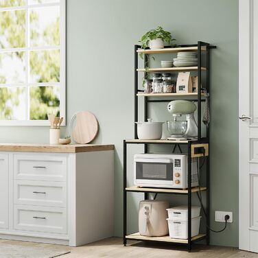 Кухонна полиця WOLTU на 6 рівнів з розетками, полиця для мікрохвильової печі з 6 гачками, полиця для пекаря з металевим каркасом, регульована полиця, чорнийсвітлий дуб, 60 x 167 x 40 см чорнийсвітлий дуб 60 x 39,5 x 167 см