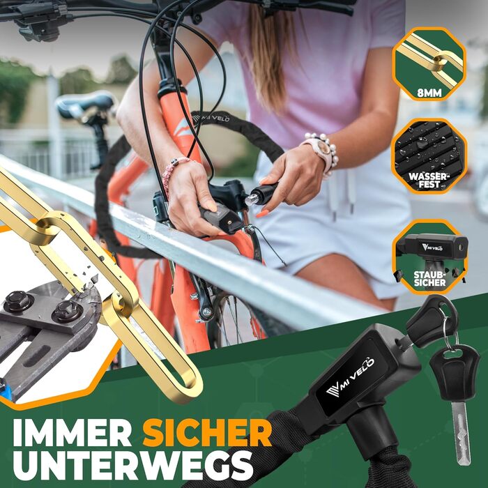 Ланцюговий замок для велосипеда MIVELO із загартованої сталі - довжина 85 см I Велосипедний замок - Ланцюгові замки високої безпеки I Квадратний ланцюг 8 мм - Блокування колеса велосипеда, електровелосипеда та електросамоката (з ключем) 85 см З ключем