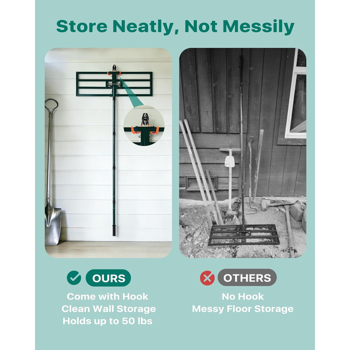 Вирівнювач газону Rasenrakel Міцний граблі для вирівнювання ґрунту, піску (76x25 см) з гаком для підвішування та регульованою ручкою для саду, городу, гольф-полів