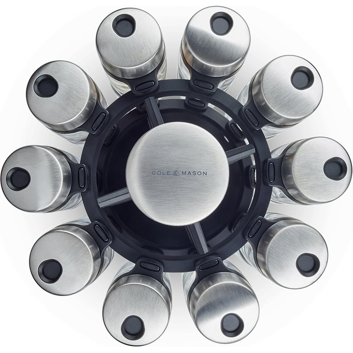 Підставка для спецій Cole & Mason H121809 Cambridge з 20 банками для спецій, карусель для спецій на 360/стояча підставка для спецій, нержавіюча сталь/скло, спеції/трави, включає 20 банок