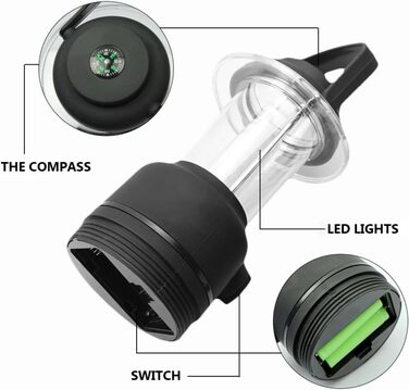 Світлодіодний кемпінговий ліхтар SOLUSTRE 5 Вт з регулюванням яскравості, ліхтар для намету IP65, акумуляторний, з компасом та гачком, надійний аварійний ліхтар для активного відпочинку та походів