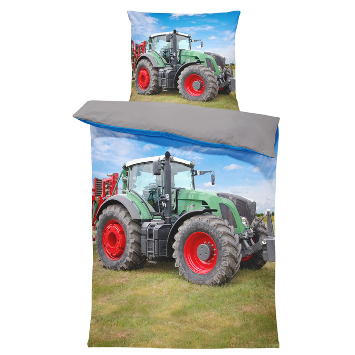 Постільна білизна для однієї людини 135x200 см, трактор, сільськогосподарська техніка, зелений сірий, двостороння мікрофібра