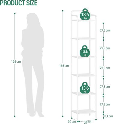 Полиця Hzuaneri, книжкова шафа, стояча полиця, вузька полиця з 6 полицями, вузька офісна полиця, кутова полиця для офісу, вітальні, спальні, кухні, 30 x 33 x 166 см, білий BC24613W 30 x 33 x 166 см білий