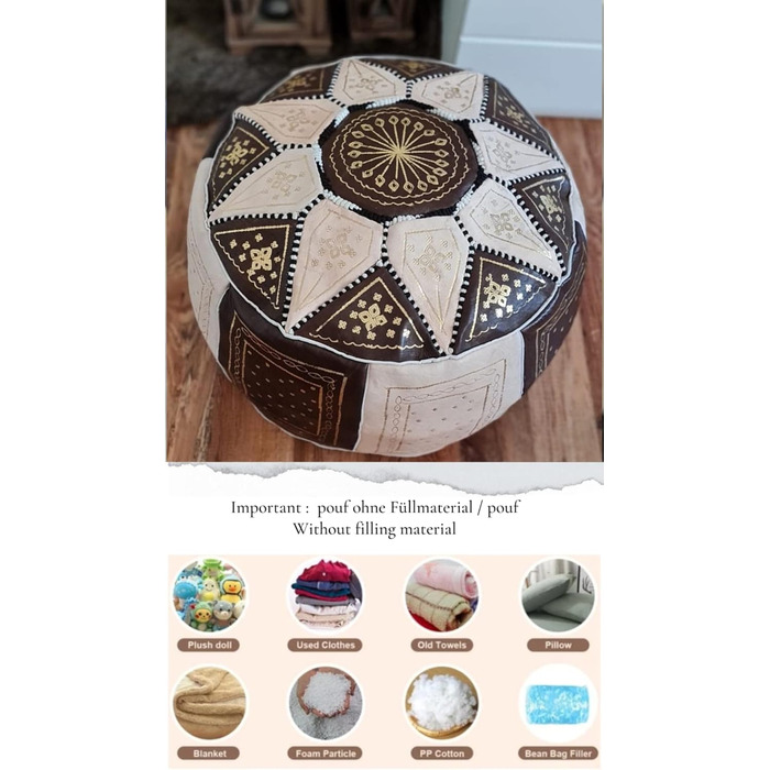 Пуф, ручної роботи з марокканської натуральної шкіри, зручна подушка на підлогу для дорослих, круглий пуф для сидіння 55x35 см, коричневий пуф для ніг, подушка сидіння (без наповнювача)
