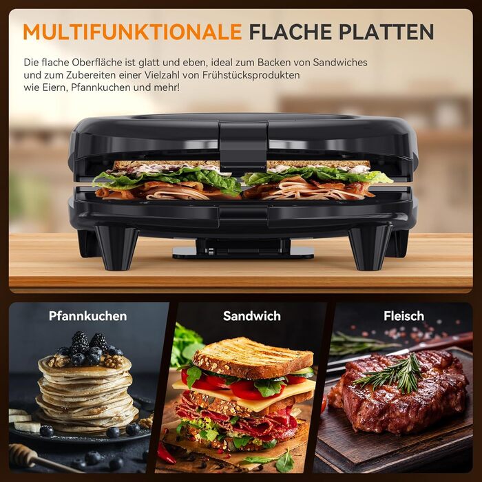Сендвіч-машина Snailar, бутербродниця на 2 скибочки з плоскими пластинами, антипригарна, прохолодна ручка, 750 Вт, чорні плоскі тарілки