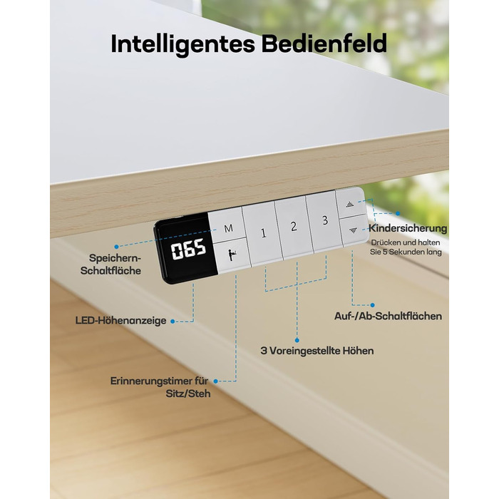 Дитячий електричний стіл HUANUO, регульований по висоті, 120 x 60 см, стіл з регульованою висотою, вся стільниця з 3 попередньо встановленими рівнями висоти, білий, 120 x 60 см