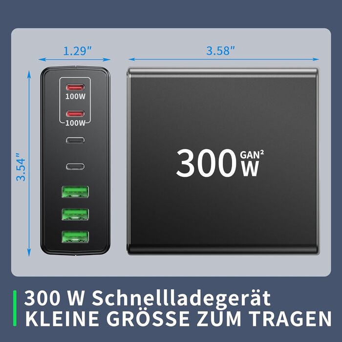 Зарядний пристрій FINIBO USB C 300 Вт 7-портовий USB-швидкий зарядний пристрій з 4 USB-C і 3 USB-A, USB AC зарядний пристрій Кільк
