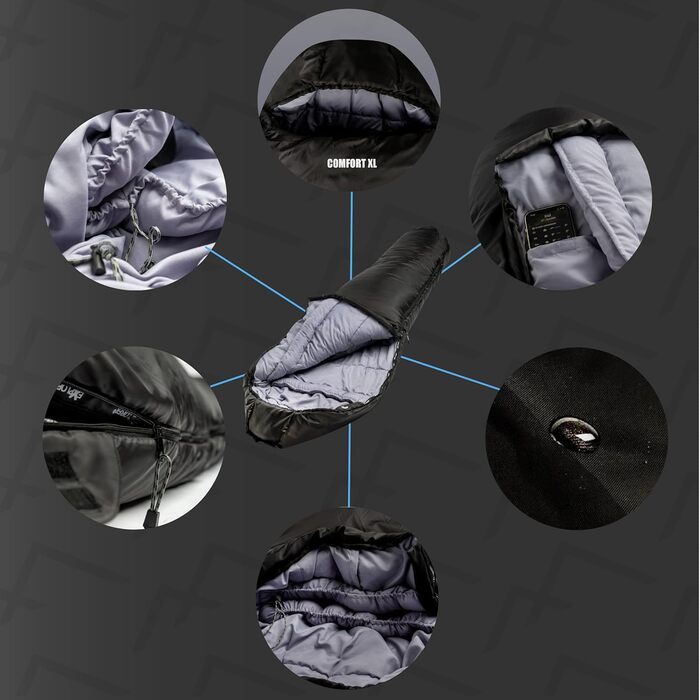 Спальний мішок EXPLORER Comfort XL -23C -5C 350 г/м Зимовий спальний мішок-мумія для дорослих на 3-4 сезони 1900 г 230x85x70 см, ідеально підходить для активного відпочинку, кемпінгу, трекінгу та подорожей, чорний