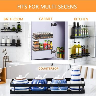 Настінна полиця для спецій, не потребує свердління, комплект з 2 шт. з кухонною штангою, підвісна кухонна полиця, полиця для спецій на дверцята шаф, полиця для душу з нержавіючої сталі для кухні, ванної кімнати, балкону, 35 x 12 x 5,7 см, чорна