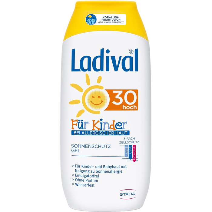 Сонцезахисний гель Ladival Children for Allergic SPF 30 підходить для алергії на сонце Сонцезахисний крем без ароматизаторів, без барвників та консервантів водостійкий 1 x 200 мл