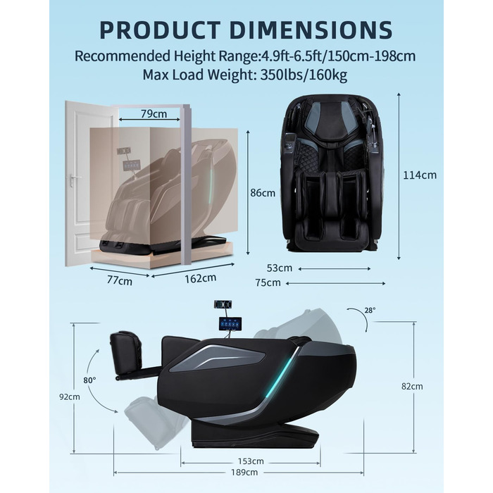 Масажне крісло для всього тіла з функцією Zero Gravity Body Scan 4D Intelligent Shiatsu Massage, підігрівом спини/ніг з голосовим керуванням AI, Bluetooth-колонкою, SL Track Massage, чорний 1 Casual