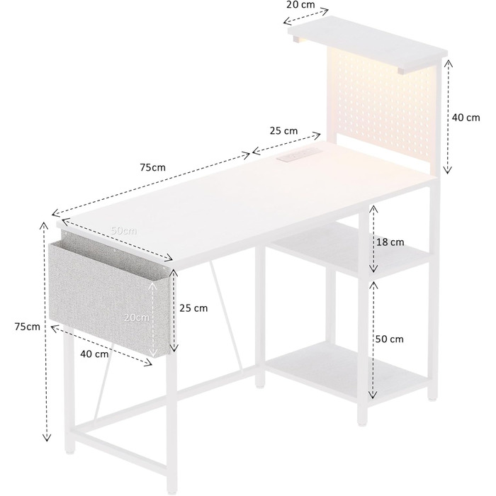 Ігровий стіл 100 x 50 см з перфорованою дошкою, розеткою, невеликим комп&39ютерним столом з двосторонніми полицями та сумкою для зберігання для домашнього офісу, білий 100 x 50 см