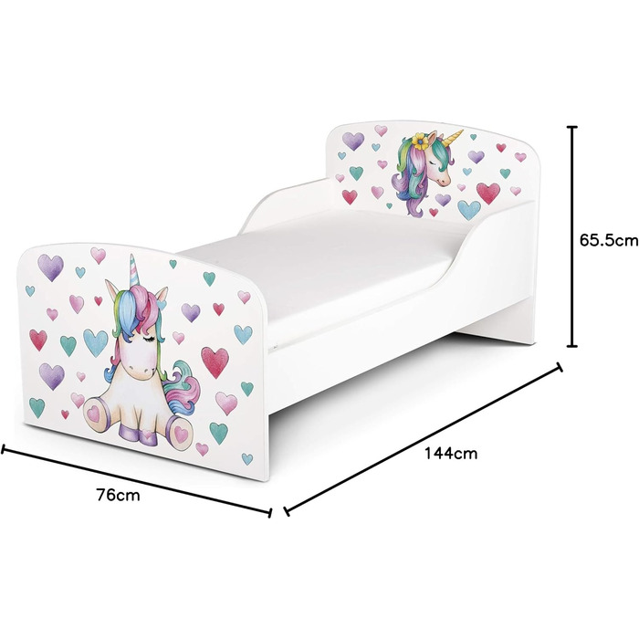 Функціональне ліжко Leomark з дерева - єдиноріг - дитяче ліжко з матрацом для дітей, дерев'яне ліжко з рейковою рамою з бічним зах