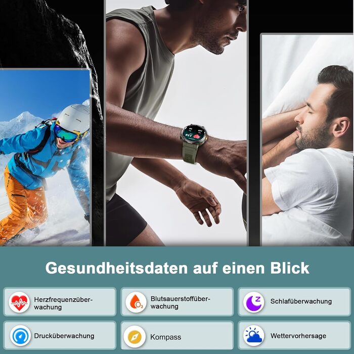 Розумний годинник IOWODO для чоловіків 100 днів роботи від батареї та підсвічування Bluetooth-дзвінки Водонепроникність IP68 та компас Сенсорний екран 1,45 дюйма Понад 100 спортивних режимів Аналіз серцевого ритму та сну Для Android/iOS, чорний