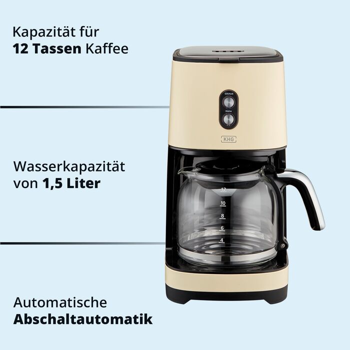 Набір для сніданку KHG Чайник, тостер і кавоварка кремовий бежевий ретро Vintage, місткість 1,7 літра, 2 скибочки тостів і 12 чашок кави, основа 360, регулювання рівня обсмажування, набір функцій Keep Warm з тостером і кавоваркою