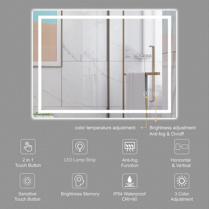 Дзеркало для ванної кімнати Dripex з підсвічуванням Світлодіодне дзеркало з сенсорним перемикачем, з можливістю затемнення, 3 дзеркала для ванної кімнати з регулюванням кольору світла з підсвічуванням, проти запотівання 60 x 80 см проти запотівання 3 коль