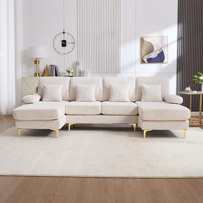 Подібний диван зі світлодіодним підсвічуванням, кутовий диван з функцією сну, диван-ліжко з 4 розкішними подушками, ергономічний розкладний диван, для вітальні/спальні, каркас з масиву дерева, 265 см, бежевий (265 см)