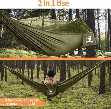 Гамак для вулиці з москітною сіткою - 260 x 130 см Легкий нейлон для походів, кемпінгу, піших прогулянок та пляжних пригод - вантажопідйомність 200 кг Зелений