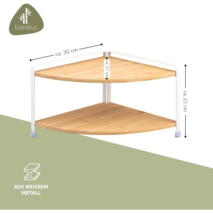 Кутова полиця для спецій eluno з бамбуковими полицями та захистом від подряпин, окремостояча кутова полиця для кухні, універсальний органайзер для більшого простору та порядку - комбінація матеріалів бамбук та метал (білий) білий