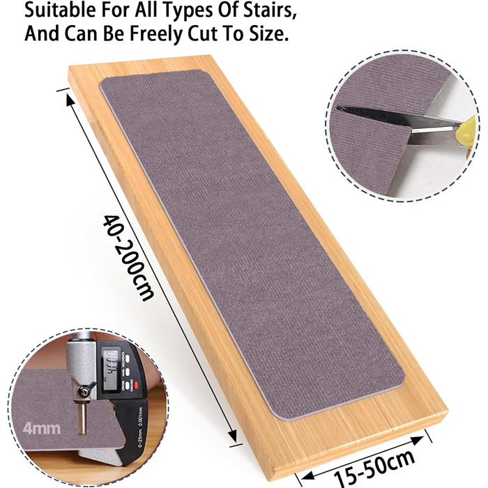 Сходинки 20 x 56 см, м&39який ворс, самоклеючі та протиковзкі, можна різати, багаторазові, 5 протиковзких сходинок, килимки для сходів для дітей та домашніх тварин, A