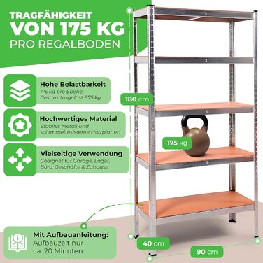 Металевий стелаж Ondis24 2 шт. Thomas, стелаж для зберігання 90x40x180 (В) см, підвальний стелаж, вантажопідйомність до 875 кг, сріблястий, з 5 полицями, вантажопідйомність 175 кг кожна, регульована висота, надміцний стелаж - подвійний комплект