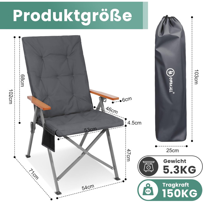 Складаний кемпінговий стілець Homecall, вантажопідйомність 150 кг, розкішний складний кемпінговий стілець з високою спинкою та 3 регульованими положеннями, товщина м&39якої підкладки 4,5 см, рибальський стілець для саду, балкону, кемпера (1, темно-сірий) 