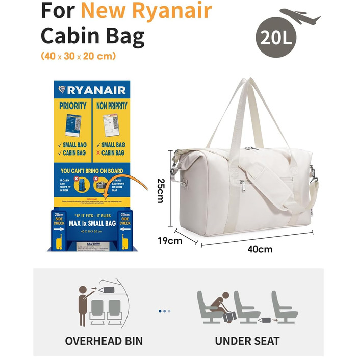 Ручна поклажа Narwey Ryanair 40x30x20 Дорожня сумка Сумка для ручної поклажі Спортивна сумка Водонепроникна сумка для вихідних у спортзал для жінок і чоловіків (бежева) A-beige Ryanair 40x30x20