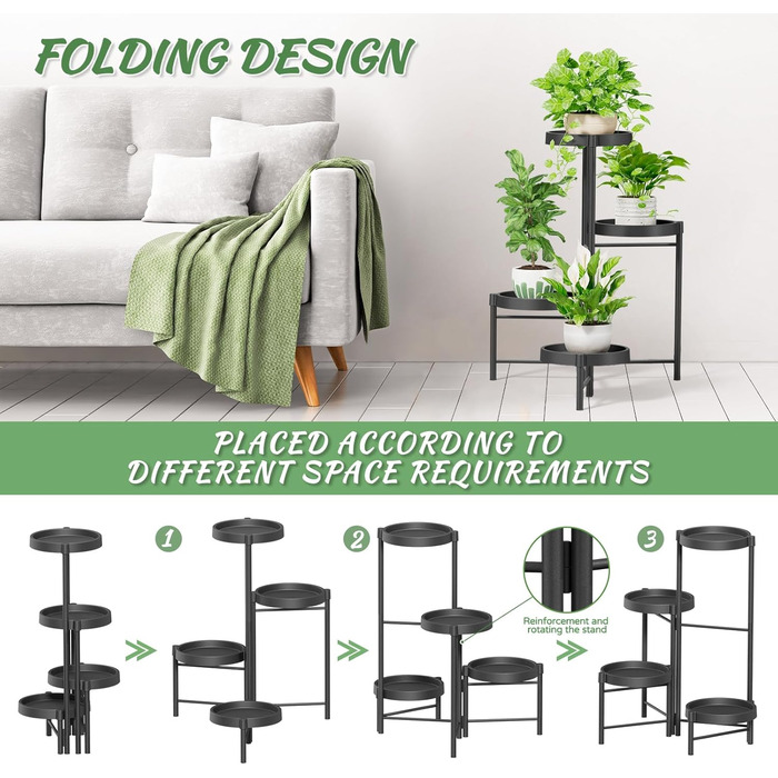 Підставка для рослин, металева підставка для квіткових горщиків з 4 ярусами, багаторівнева полиця для рослин, стійка для квітів, драбина для рослин для кута кімнати, вітальні, балкону, тераси, двору (4-ярусна, чорна)