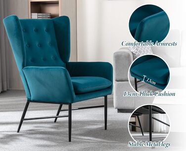 Одномісний диван-шезлонг, оксамитове м&39яке крісло з підлокітниками, м&39яке крісло для ванної кімнати, бічне крісло для балкону та вітальні (бірюзово-зелений) 67,5*73*98 см