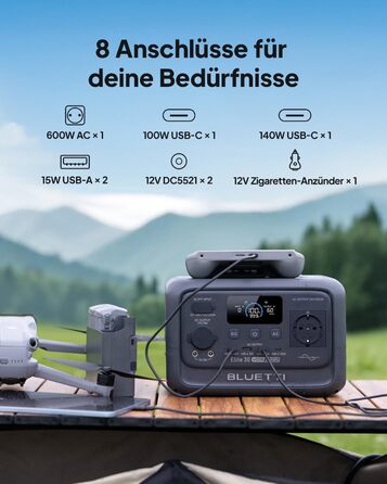 Портативна електростанція BLUETTI Elite 30 V2, акумулятор LFP 288 Втгод, вихідна потужність змінного струму 600 Вт (підйомна потужність 1500 Вт), 0-100 за 70 хвилин, сонячний генератор для кемпінгу, фургонів, відключень електроенергії (сонячна панель опці