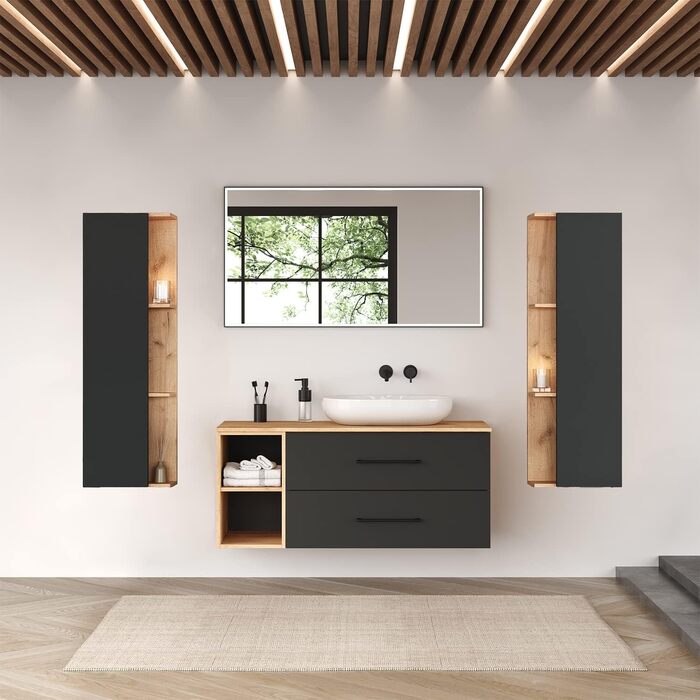 Комплект меблів для ванної кімнати Planetmbel туалетний столик LUX 120 см золотий дуб/антрацит БЕЗ умивальника з тумбою 2 шт. золо