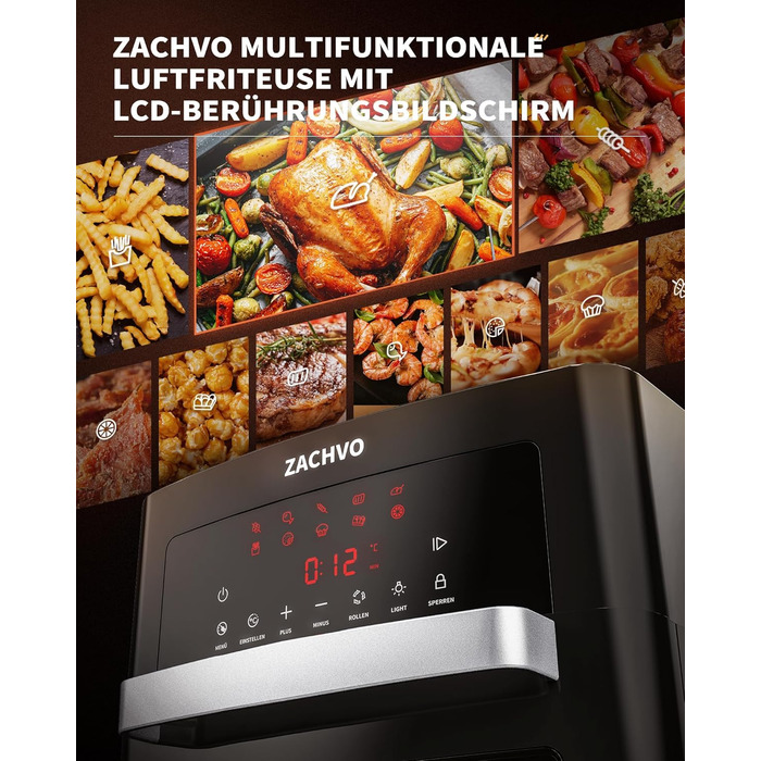Аерофритюрниця XXL - Мультипіч ZACHVO 15L - 10 програм 1700 Вт з сенсорним LCD екраном - Фритюрниця Фритюрниця Смаження без олії, 7 аксесуарів, на 90 менше жиру - Дегідратор гриля в духовці в чорному Аерофритюрниця
