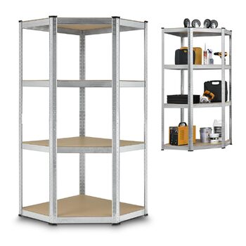 Кутовий стелаж Juskys Corner Easy 160 x 75 x 40-75 см - 320 кг - 4 полиці з МДФ - оцинкований метал - міцний стелаж, вставний стелаж, полиця для підвалу, сріблястий