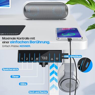 Електричний стіл KESSER з регулюванням висоти 100 см x 60 см Ергономічний стіл для роботи сидячи та стоячи 3-функціональне керування з пам&39яттю Включає коліщатка з поворотом на 360 та порт заряджання USB Комп&39ютерний стіл для домашнього офісу 100 x 60