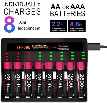 Акумулятори AA, 8 акумуляторів AA з 8 зарядними пристроями для швидкого заряджання, для Ni-MH батарей AA/AAA, 8 слотів для зарядки 8 AA