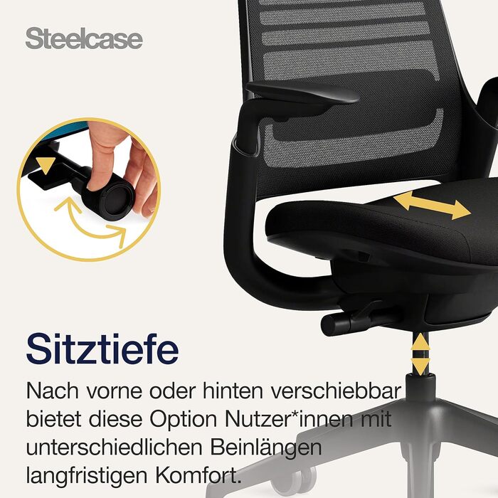 Ергономічне офісне крісло Steelcase серії 1 з поперековою опорою LiveBack та підлокітниками 4D, колір Onyx Black, колір Onyx Black без підголівника