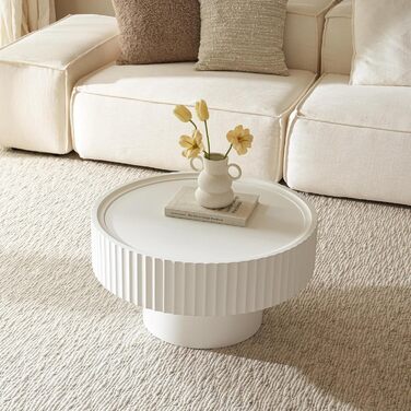 Круглий журнальний столик, круглий стіл для вітальні з ребристим дизайном, журнальний столик у формі гриба розміром 7038 см, журнальний столик з білої сосни для вітальні, спальні та балкону (білий)