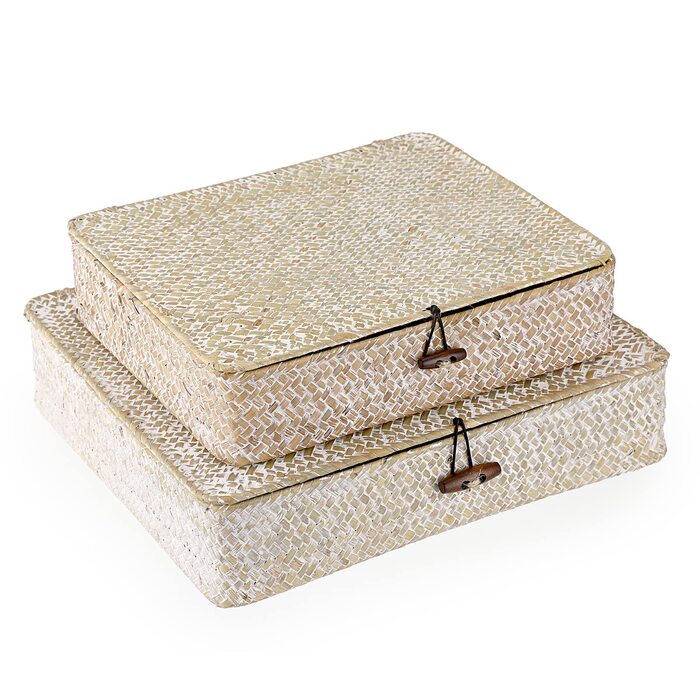 Кошик SUMNACON з ротанга, 2 шт., виготовлений з натуральної морської трави, з кришкою, коробка для зберігання ручної роботи, кошики для зберігання, кошик-органайзер для кухні, ванної кімнати, спальні, великий малий (прямокутний, білий)