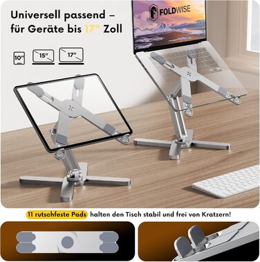 Підставка для ноутбука FoldWise X Алюмінієва, поворотна на 360, складана, з регулюванням висоти та кута нахилу Стабільна та портативна підставка для ноутбука, тримач для MacBook та компютера діагоналлю 11-18 дюймів, срібляста